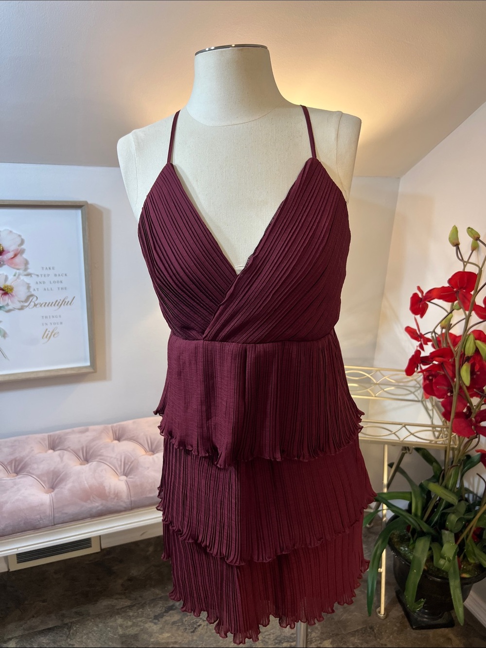 Altar'd State Burgundy Pleated Tiered Mini Dress Size Medium NWT
